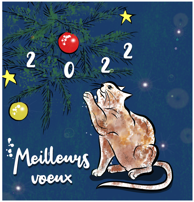 Carte de voeux avec un chat avec des boules 2022