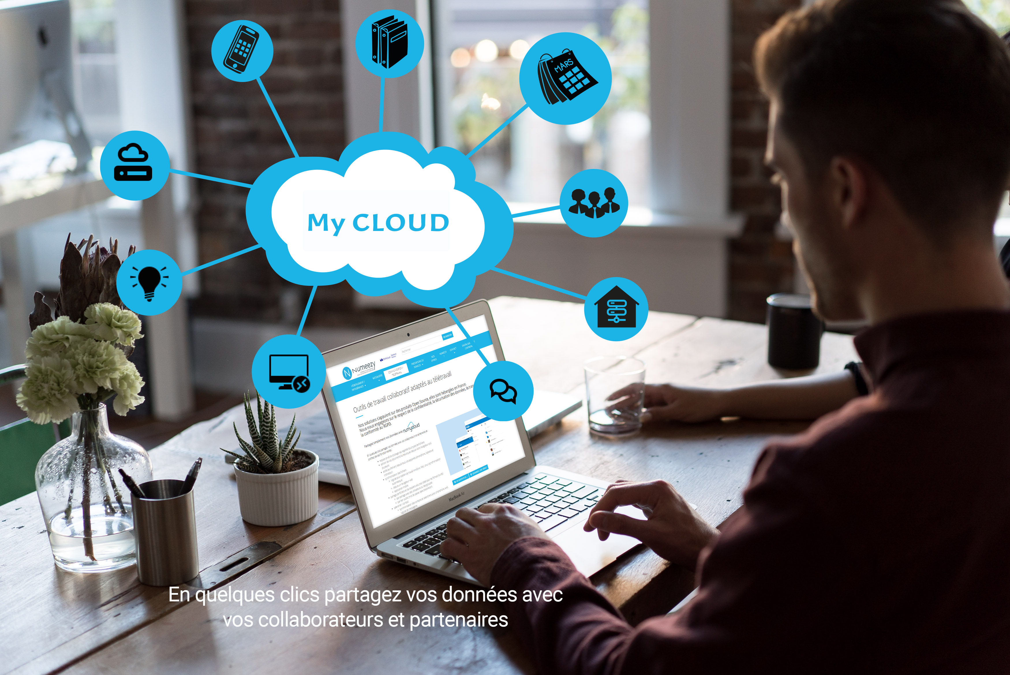 Visuel représentant un nuage entouré d'icônes pour vendre une solution de cloud
