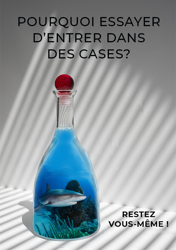 Affiche d'un requin dans une bouteille avec une question : Pourquoi essayer d'entrer dans une case ?